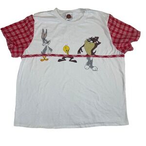 Looney Tunes vtg tshirt 1997 Large white&red plaid accents mixmatch character